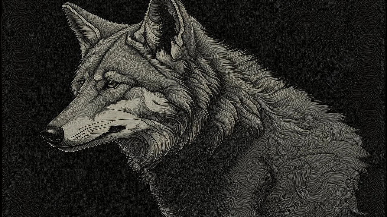 The image features a stylized depiction of a wild animal, likely a wolf or dog, rendered in shades of gray against a dark background. The animal's distinctive features and fur textures are highlighted, while the overall tone of the artwork conveys a sense of mystery and intrigue.