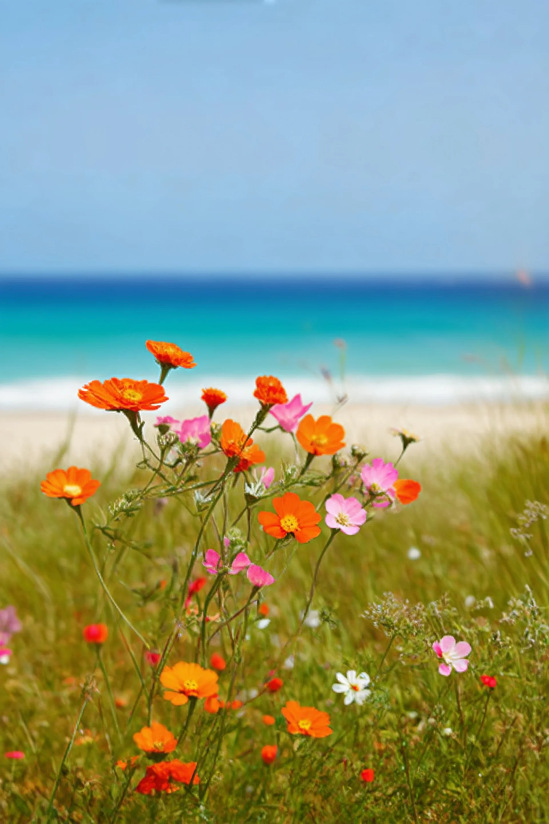 Old polaroid, near the sea, wild delicate flowers, orange, pink, turquoise, red, in the sun, delicate, bokeh