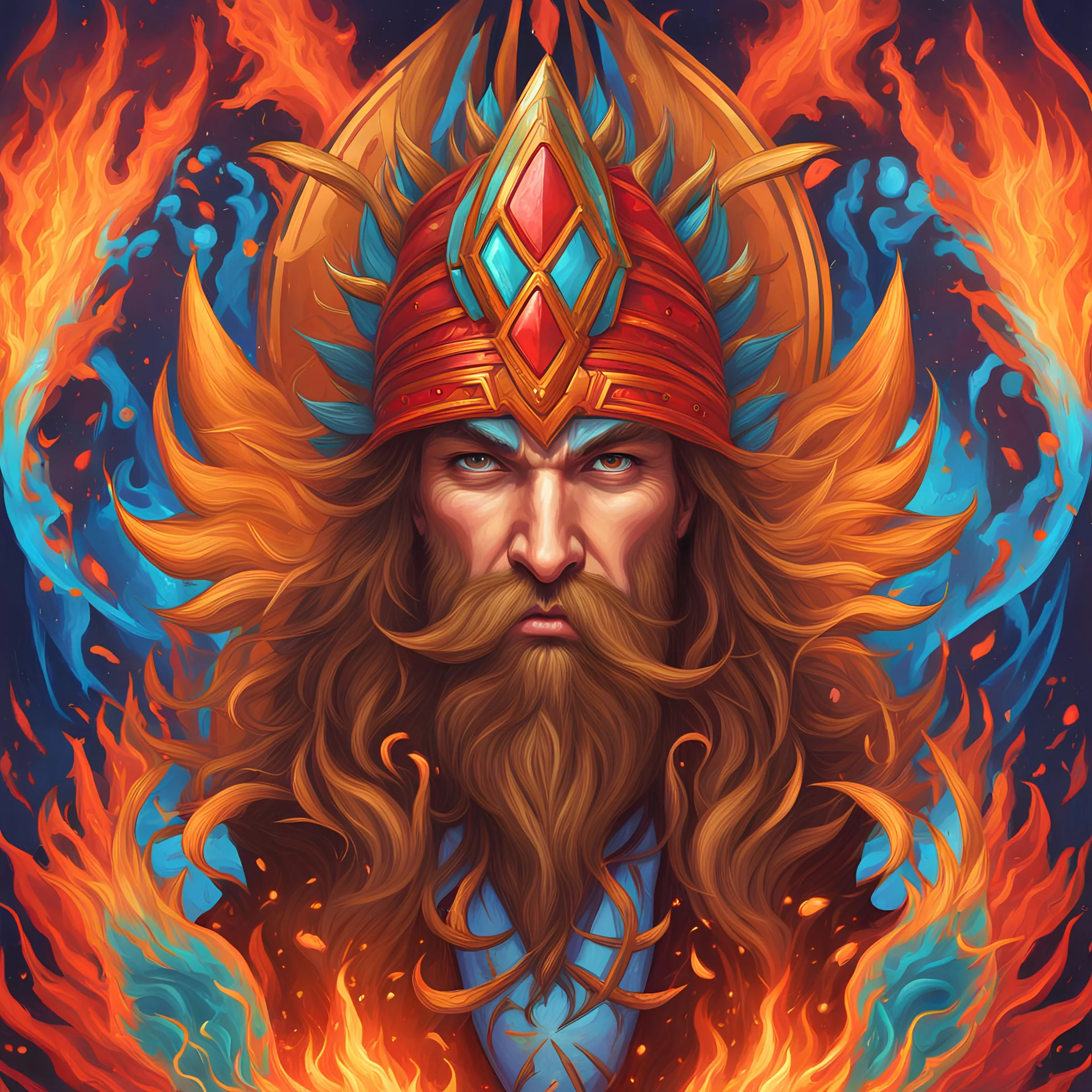 A portrait of a fire wizzard named Aimpion; masterpiece; high-quality; high-relosution; digital art; digital painting; bright colors