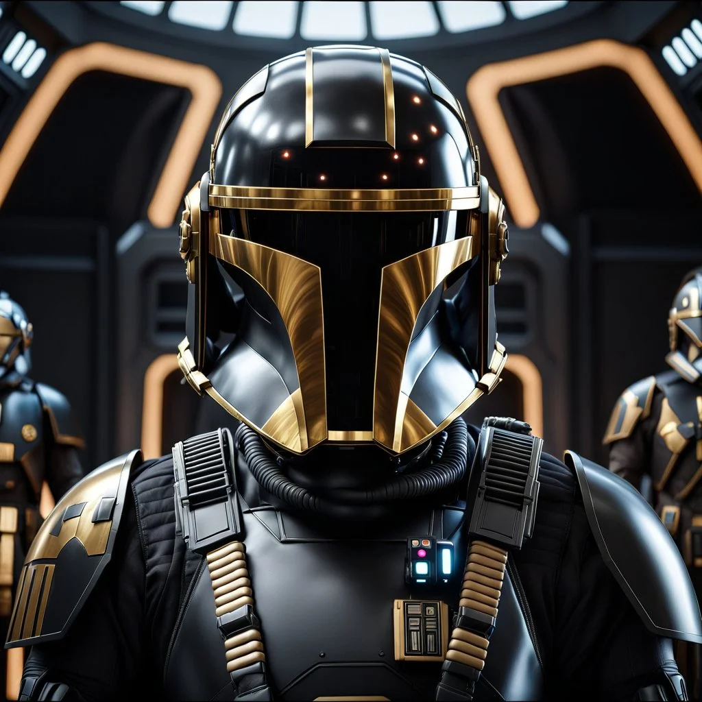 star wars bald male corellian pilot wearing dark gunmetal grey and black First Order special forces TIE pilot armored flightsuit and helmet with gold trim inside the jedi temple, centered head and shoulders portrait, hyperdetailed, dynamic lighting, hyperdetailed background, 8k resolution, volumetric lighting, light skin, fully symmetric details