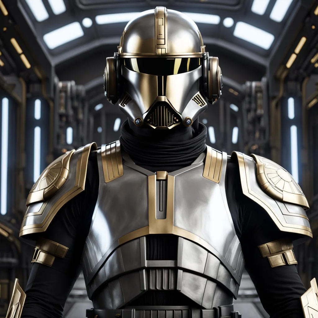 star wars bald male corellian pilot wearing pearlescent black and gunmetal grey First Order special forces heavy assault armor and helmet with gold trim inside the jedi temple, centered portrait, hyperdetailed, dynamic lighting, hyperdetailed background, 8k resolution, volumetric lighting, light skin, fully symmetric details