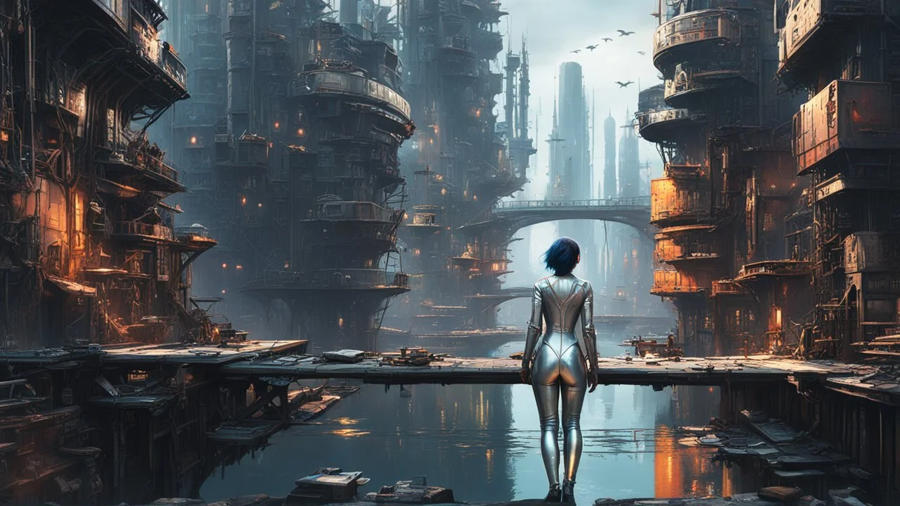 woman in a silver catsuit looking at a view of buildings made of reused dirty rusty metal next to a futuristic canal junction, cyberpunk, many painted colours, flying boats, balconies, bridges, shops, fifth element, ghost in the shell, altered carbon, Ian McQue a masterpiece, 8k resolution, dark fantasy concept art, by Greg Rutkowski, dynamic lighting, hyperdetailed, intricately detailed, Splash screen art, trending on Artstation, deep color, Unreal Engine, volumetric