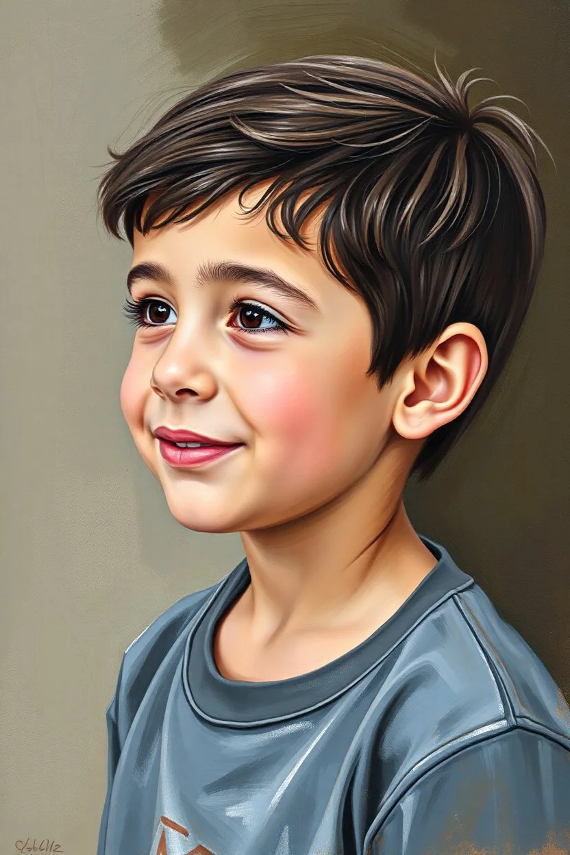 A five-year-old Palestinian boy with a beautiful face, his face turned slightly to the right, a slight smile, his mouth closed, no teeth visible, his eyes looking to the left, he appears to be drawn with oil paints