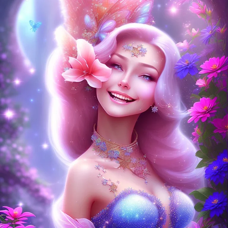 très jolie femme fée souriante , monde en fleurs, cascade , étoiles , concept art, crépuscule , bleu , vibrant Color, réaliste