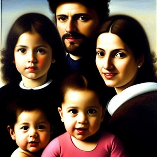 portrait of Jacobo Santiago Mozos born in 1976 and Gemma Arnau Arnau born in 1979,and daughters Eira Santiago Arnau and Dalia Santiago Arnau by Caravaggio,smiling, oil on canvas, cinematic composition, extreme detail,8k,fit full head inside picture,