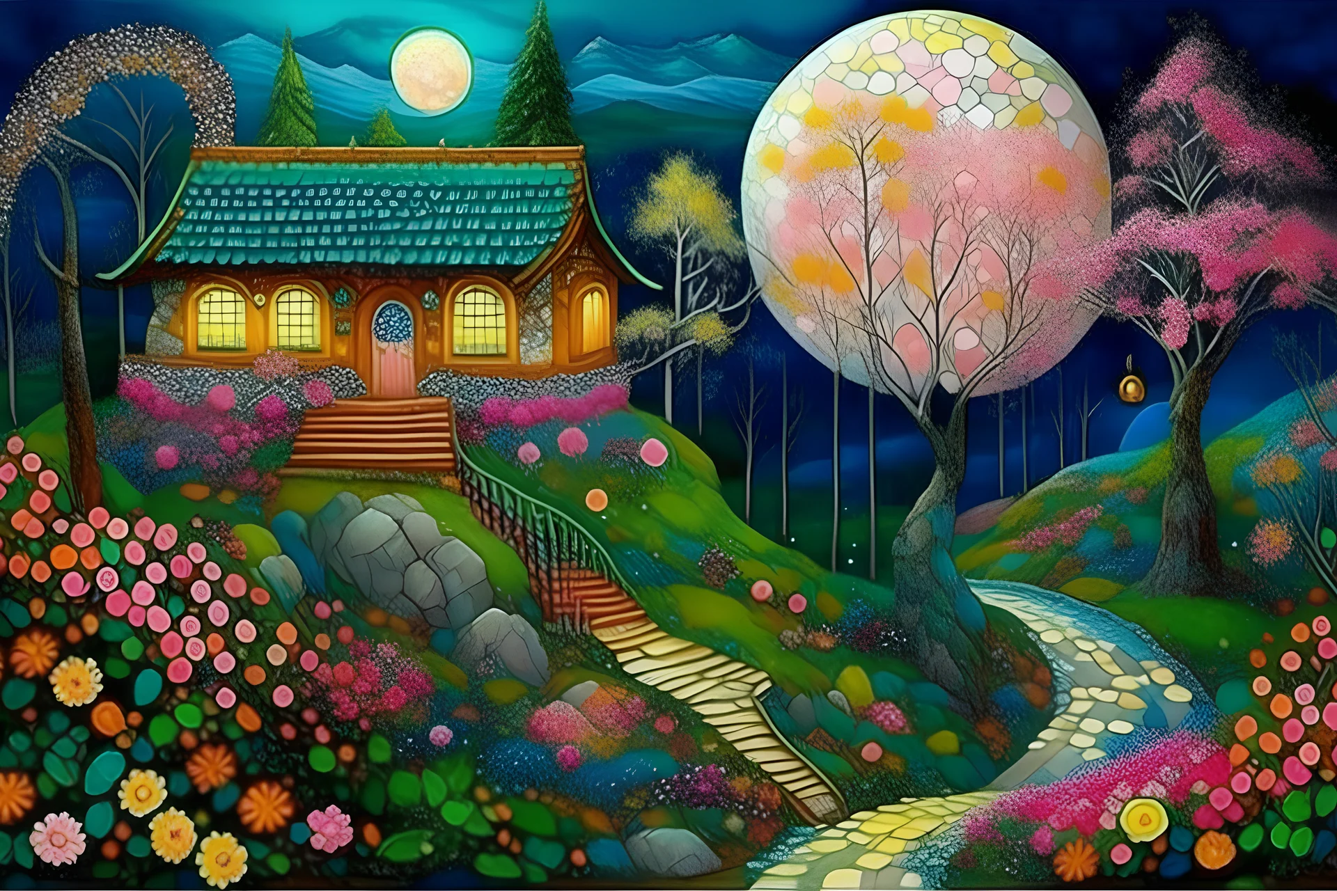 Abstract surrealism, minimalistic art of stitching fabric, a beautiful calm garden with sakura trees, ferns and various flowers, a park bench, chirping birds, a couple walking along a footpath, wide shooting, Japanese art, fine art, brightening the image, the art of floral embroidery. colorful. Gustav Klimt. Thomas Kinkade. Josephine Wall