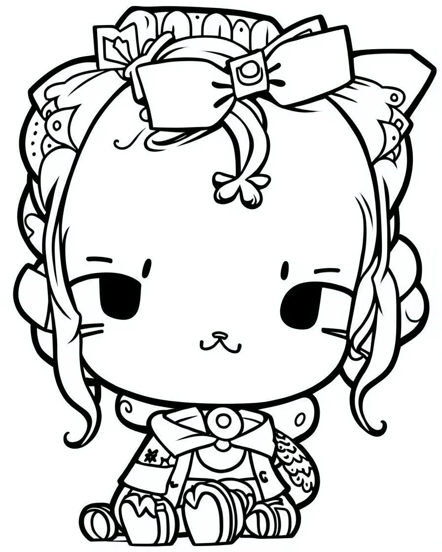 outline art for real Hello Kitty coloring page, Japanese manga style, cartoon style, cute face, white background sketch style, full body is a must, only use outline, clean line art, no shadow, bold outline