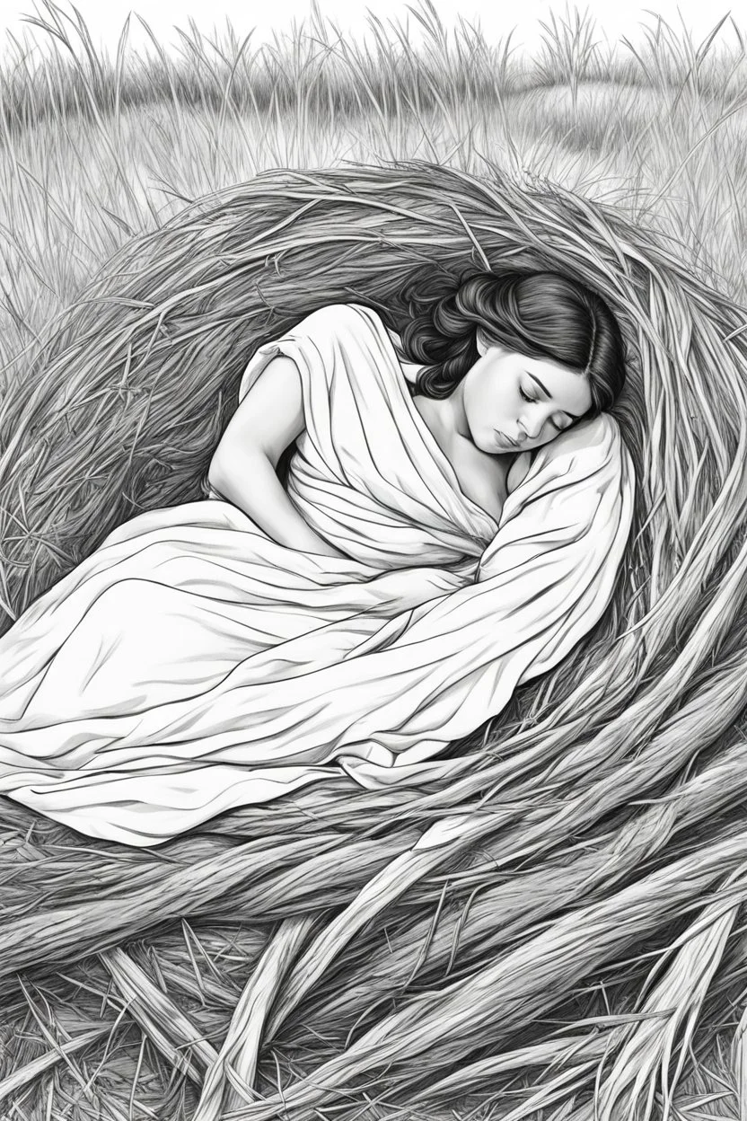 bible Realistic Beautiful Natural Ruth laying on the hay sleeping full body picture Black and white Coloring page