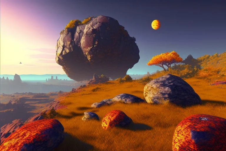 autumn vegetation, exoplanet in the horizon, big stones, cliff, science fiction.