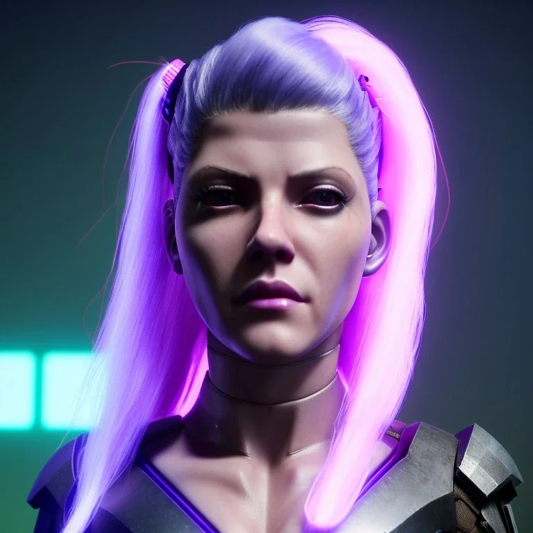 Actress, young Katheryn Winnick, android woman, glow eyes, glow circuits in face, glow painted face, shaved hair, ghost in the shell, samurai coat, katana, elastic bodysuit, cyber punk, neon ambient, sparks, fog, army, bamboo, blood, portrait, gradient background, unreal engine 5, soft color, 16 bit, god lights, ray tracing, RTX, lumen lighting, ultra deatail, volumetric lighting, 3d, finely drawn, hd.