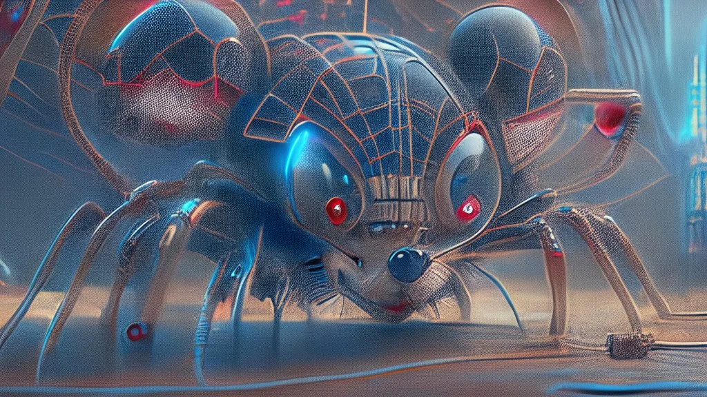 a spider mickey mouse hybrid, photorealism, movie screen capture, horror, sci-fi, retrofuturism,