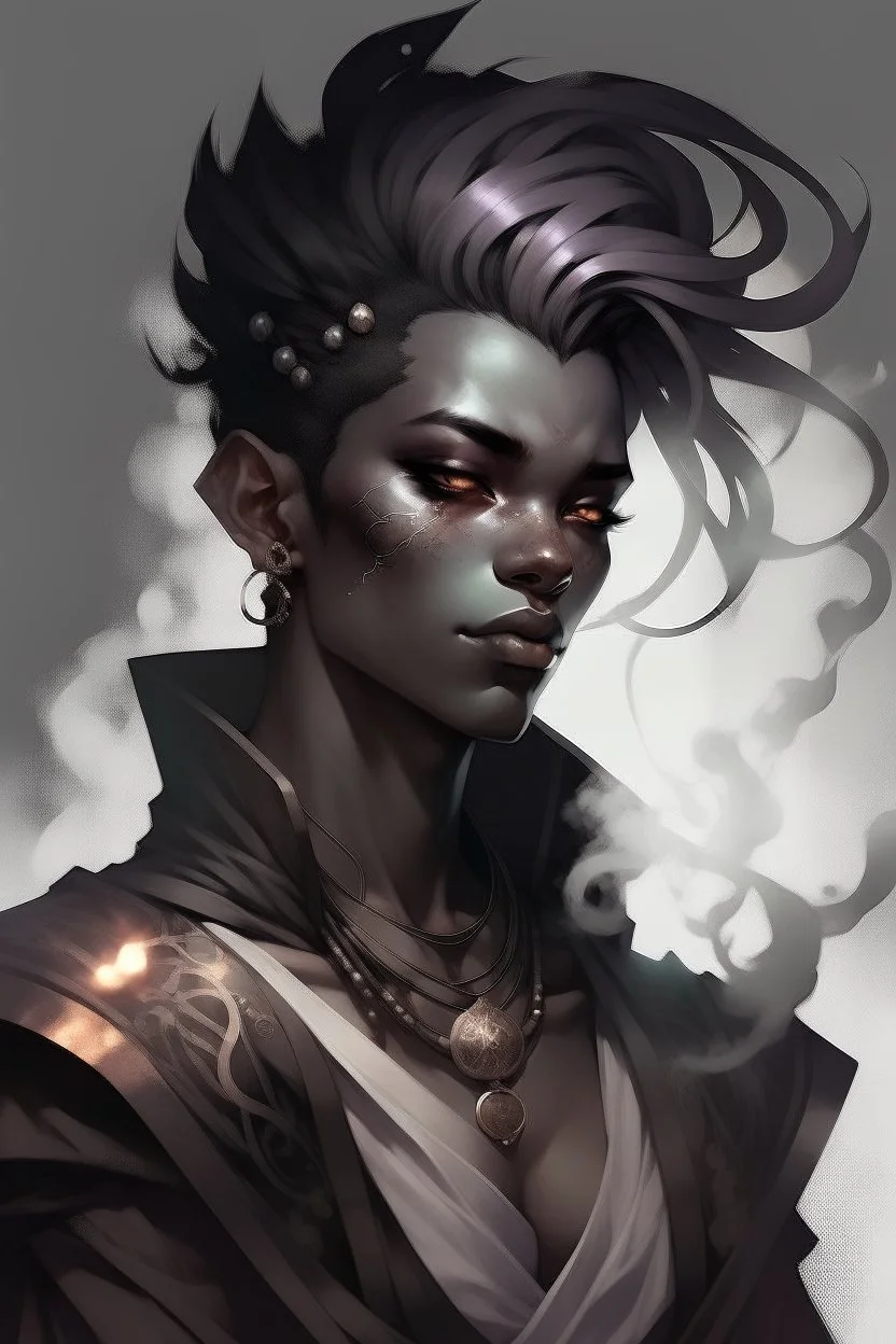 Male Air genasi fra d&d with black skin smoke some hair an Asian skin ghostly appearance with a Smokey undertone