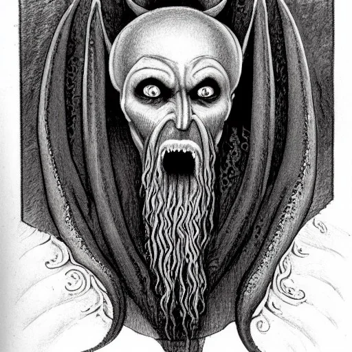 Nosferatu with yellow eyes with fleshy tentacle hair beard grey skin and red fangs and vampire bat nose as a Russian Orthodox