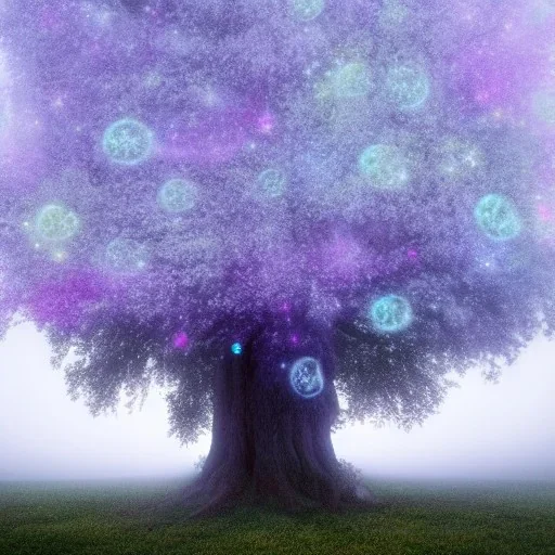 mystic tree full of sprites and surrounded by a macig aura and fog