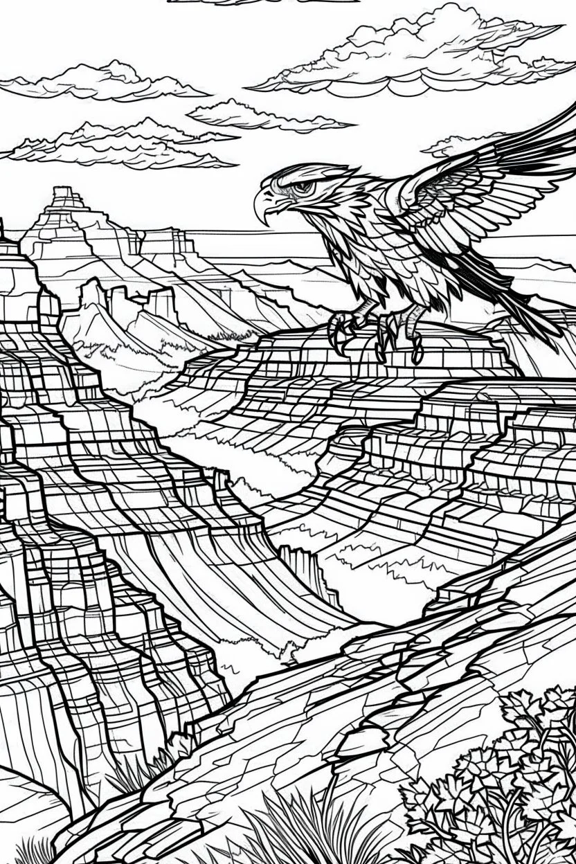 An eagle glides effortlessly over the immense, rugged grandeur of the Grand Canyon. The canyon's colossal depths and layered rock formations create a breathtaking backdrop for the eagle's flight, symbolizing the immense power of nature and the bird's absolute freedom..coloring book page, simple and clean line art, adult drawing book, black and white, crisp black lines, no shades, sharp lines, coloring book for adults, cartoon style, landscape