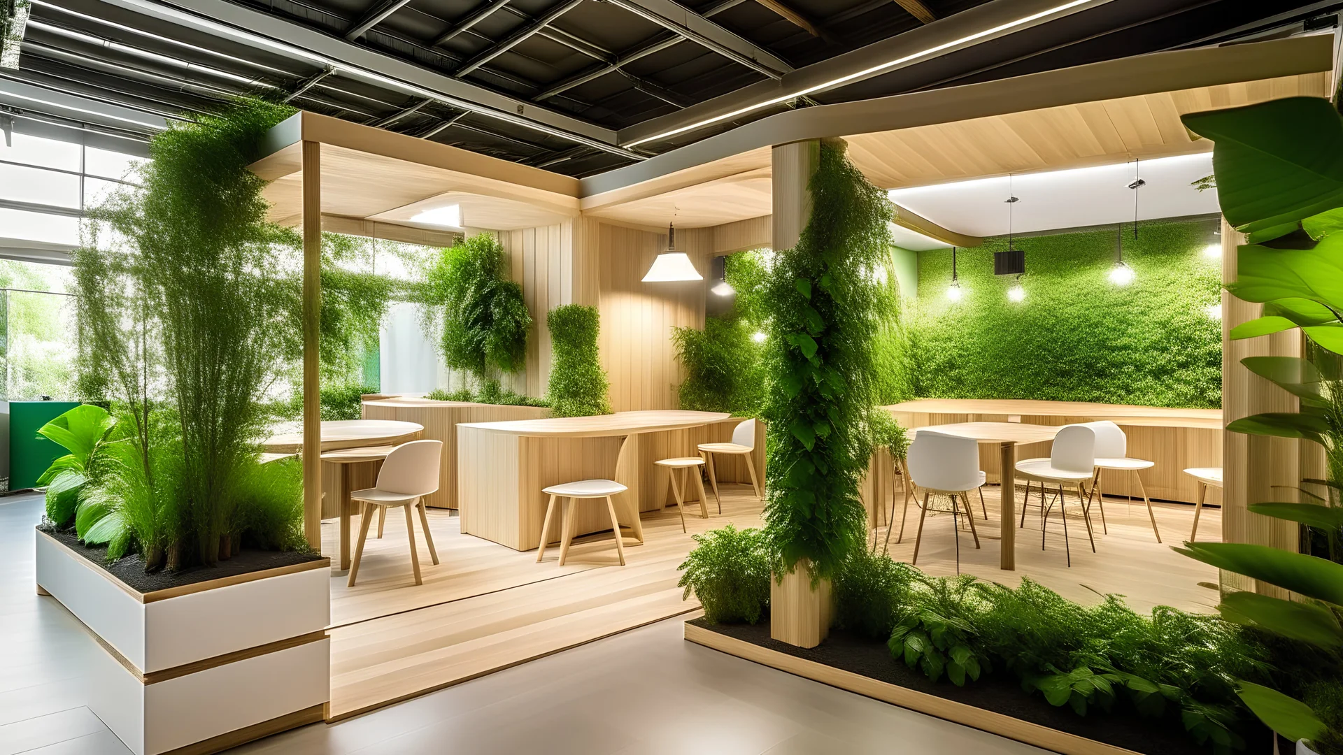 Corner exhibition stand in light colors with wood elements and greenery with two meeting areas