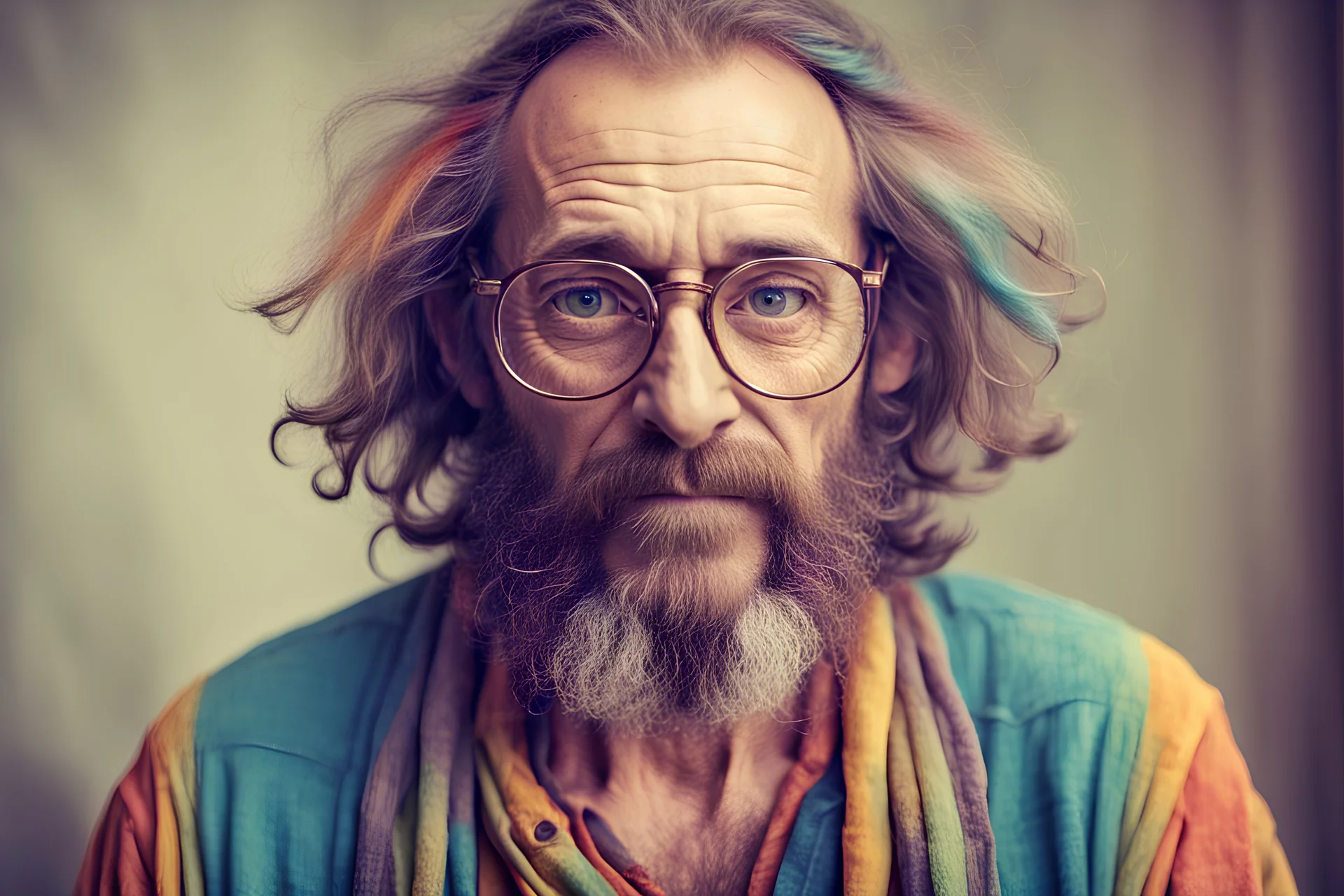 Hippie man in his 40s with Parisian bohemian look and glasses of colours and poor hair on the head with receding hairline. Farsightedness glasses with big eyes. Long beard. Vintage look and feel like photos of the 70s