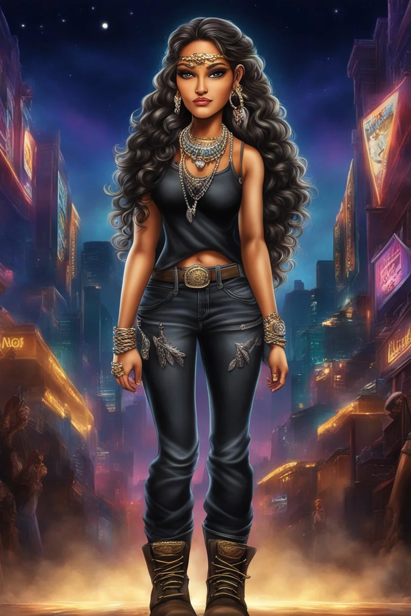 Create a digital airbrush cartoon of an native american female wearing a black jean outfit with timberland boots. Prominent make up with hazel eyes. She is wearing large diamond hoop earrings. Extremely highly detailed very long curly hair that shines. Background of a night club.