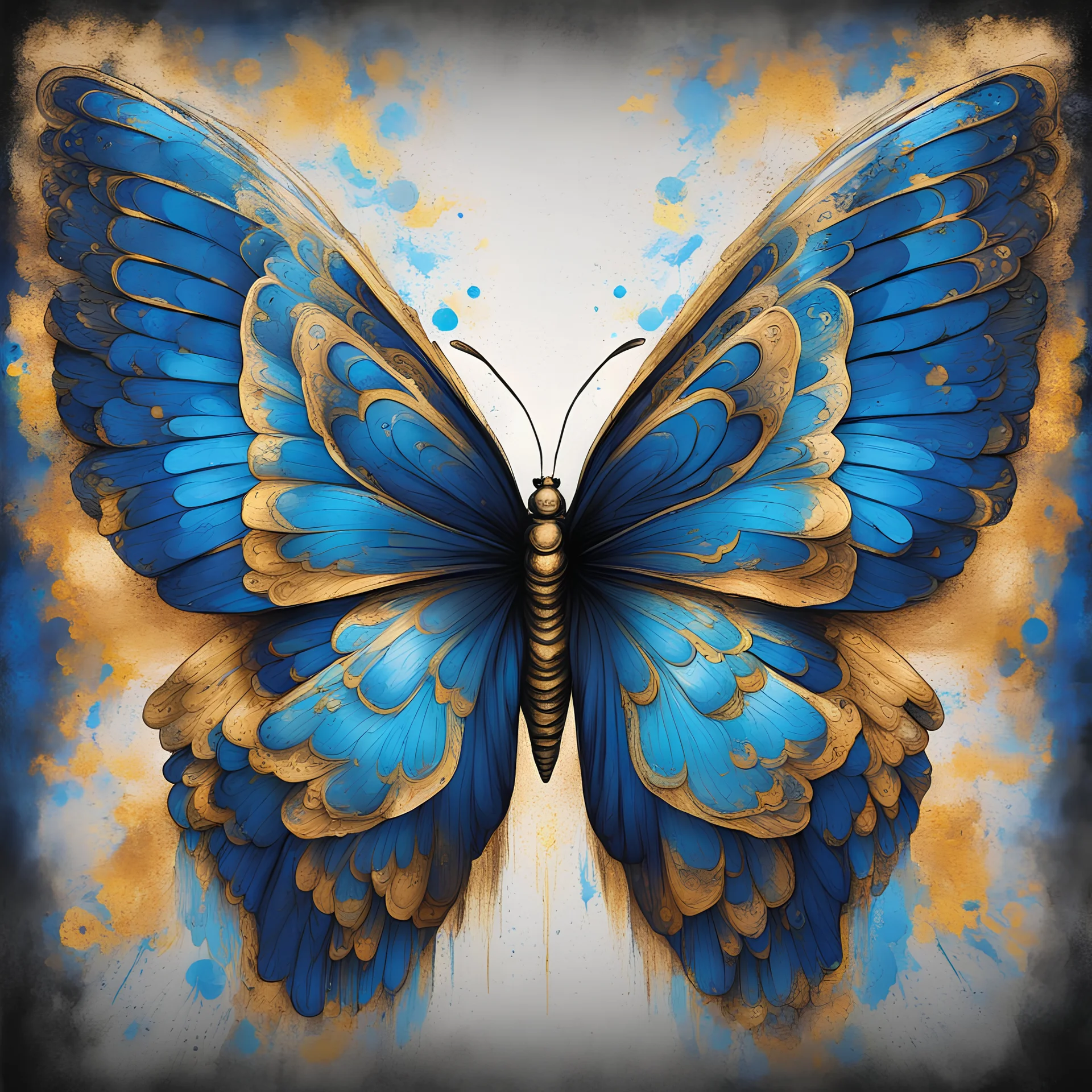 Angel's Wing Butterfly wings of vivid blues with wing patterns and outlined with intense gold flying in the heavens, in graffiti portrait art style