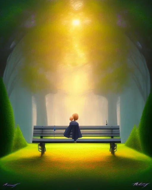 park mystical dream, park bench, man, woman, child, dog, trees, path, bird, sunshine, mystical, fantasy, romanticism, pastel colors, daylight, daytime, acrylic painting, detailed, soft focus,