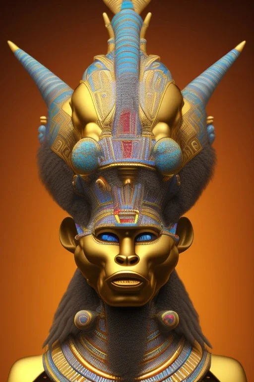 Aztec male African Egyptian alien, cracks in the voodoo head, wicked, eyes, crown, Elephant, 8k, finely detailed, photo realistic, tiger turquoise skull head gold dragon space alien snow skeleton gold gorilla silver crown silver eyes