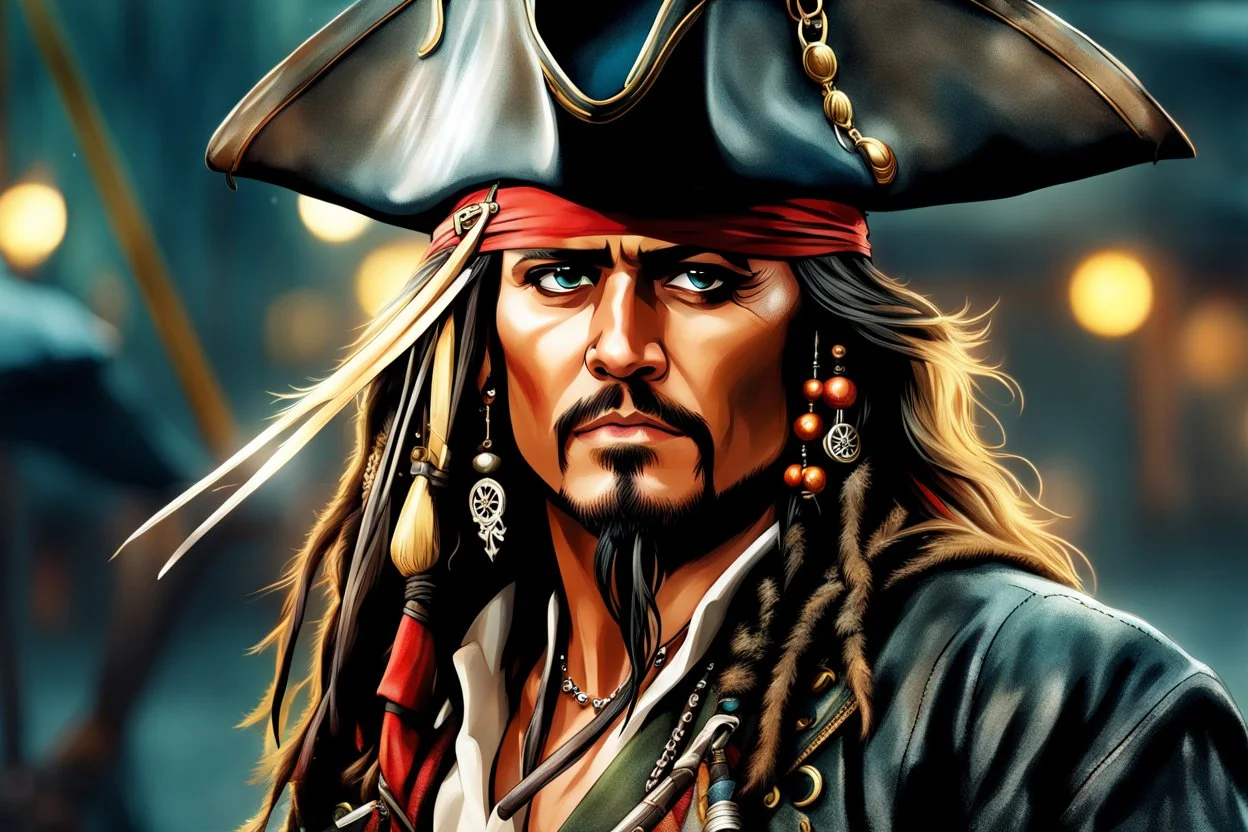 Jack Sparrow in 8k anime realistic drawing style, pirate custom, close picture, rain, neon, intricate details, highly detailed, high details, detailed portrait, masterpiece,ultra detailed, ultra quality