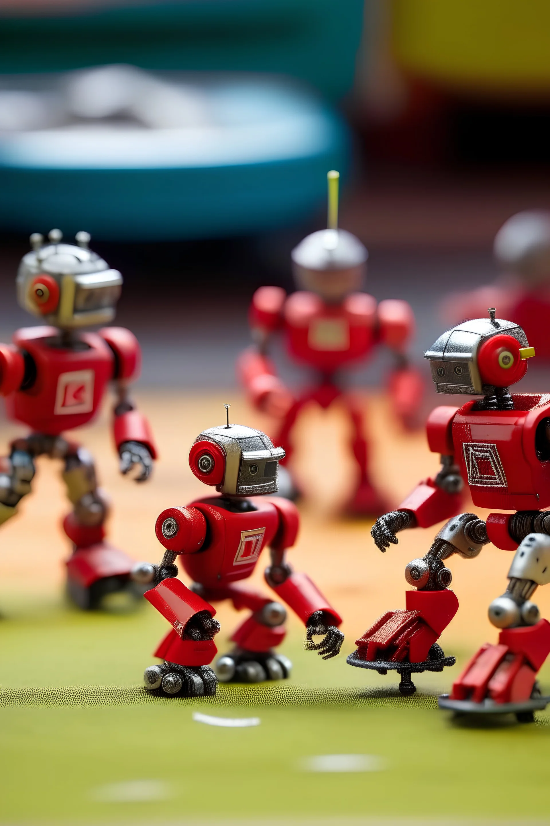 miniature mech robots playing football and one of them is blowing in a normal sized red whistle