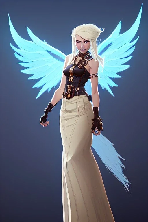 blue sky clouds, blonde steampunk angel in a flowing gown, majestic