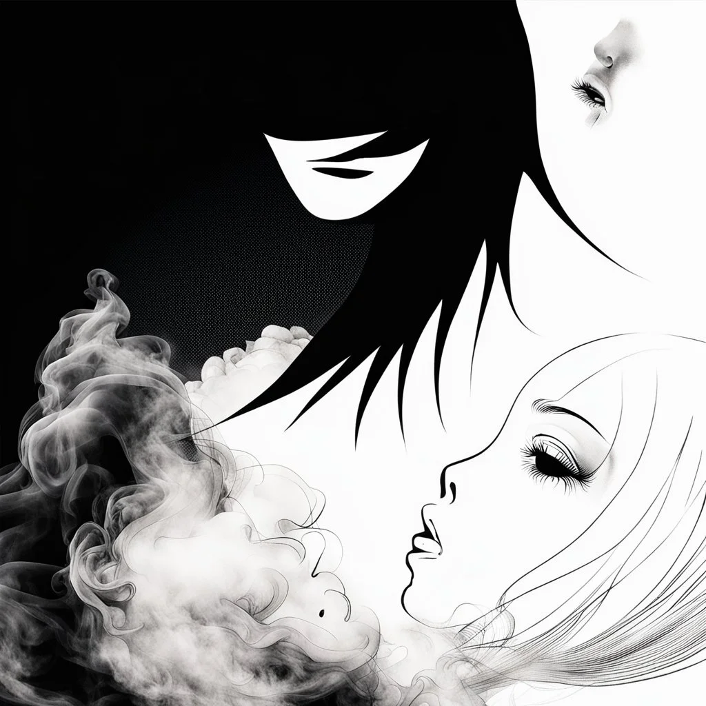 two human faces intermingled in a cloud of smoke, surreal