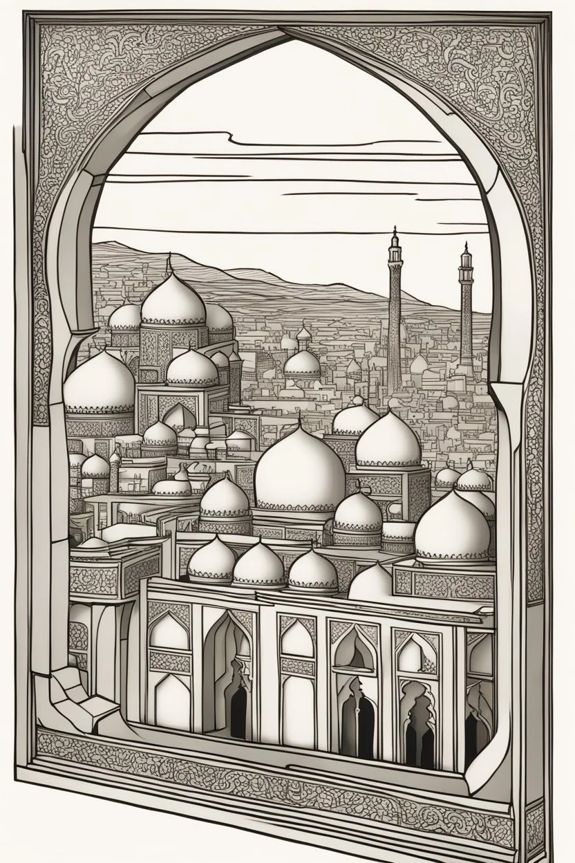 Fenster Ausblick auf persische Stadt aus 1001 Nacht gerade Perspektive thin lines draw style