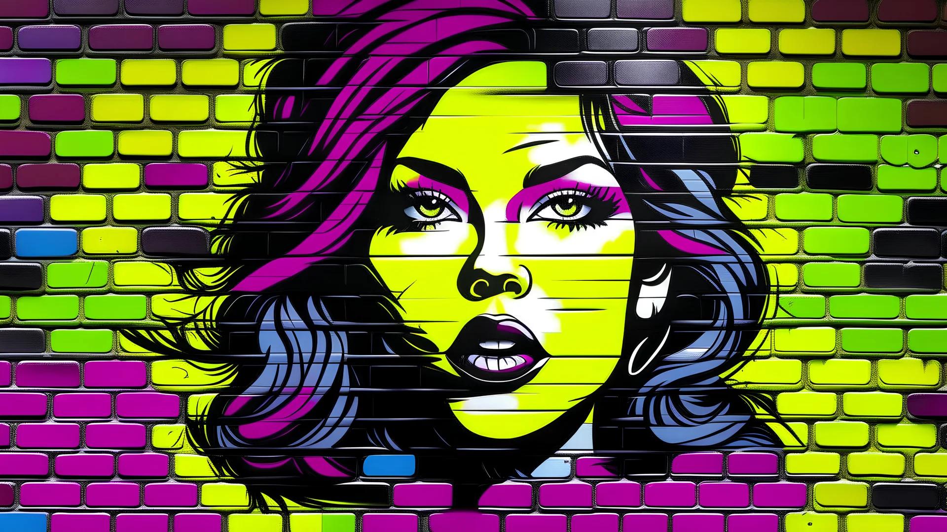 Graffiti background on a brick wall, black, yellow, purple, pink. girl