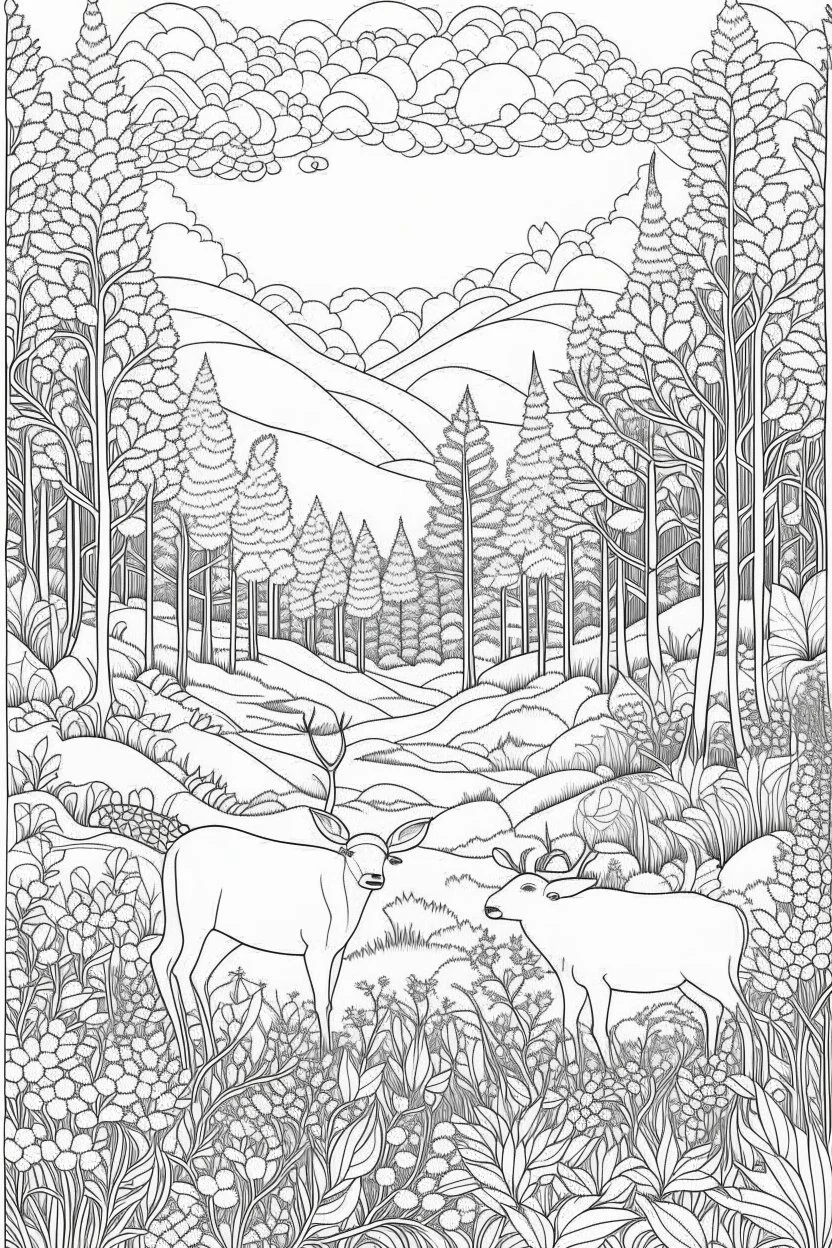 outline art for landscapes coloring pages for adults with forest with animals, white background, Sketch styl, only use outline. Mandala style, clean line art, no shadows and clear and well outlined, Intricate Patterns and Details