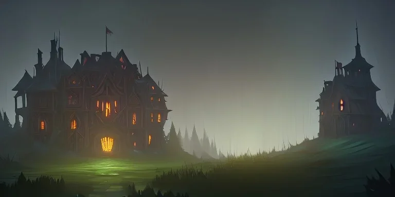 Ruined overgrown small castle in a dense coniferous forest, dynamic lighting, night, misty