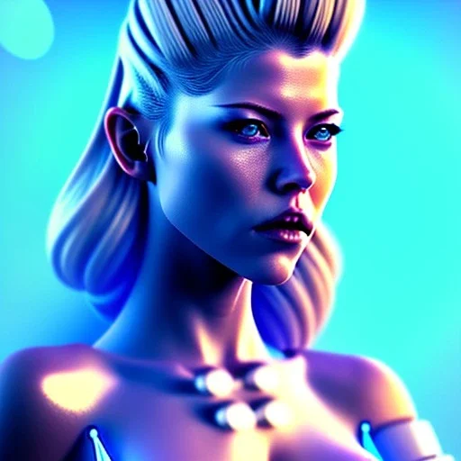 Katheryn Winnick, hyper realistic, cyberpunk style, shaved hair, latex, gradient color, BLUE, PINK, CYAN, neon, insanely detailed, 16k resolution, perfect eyes, cinematic smooth, intricate detail