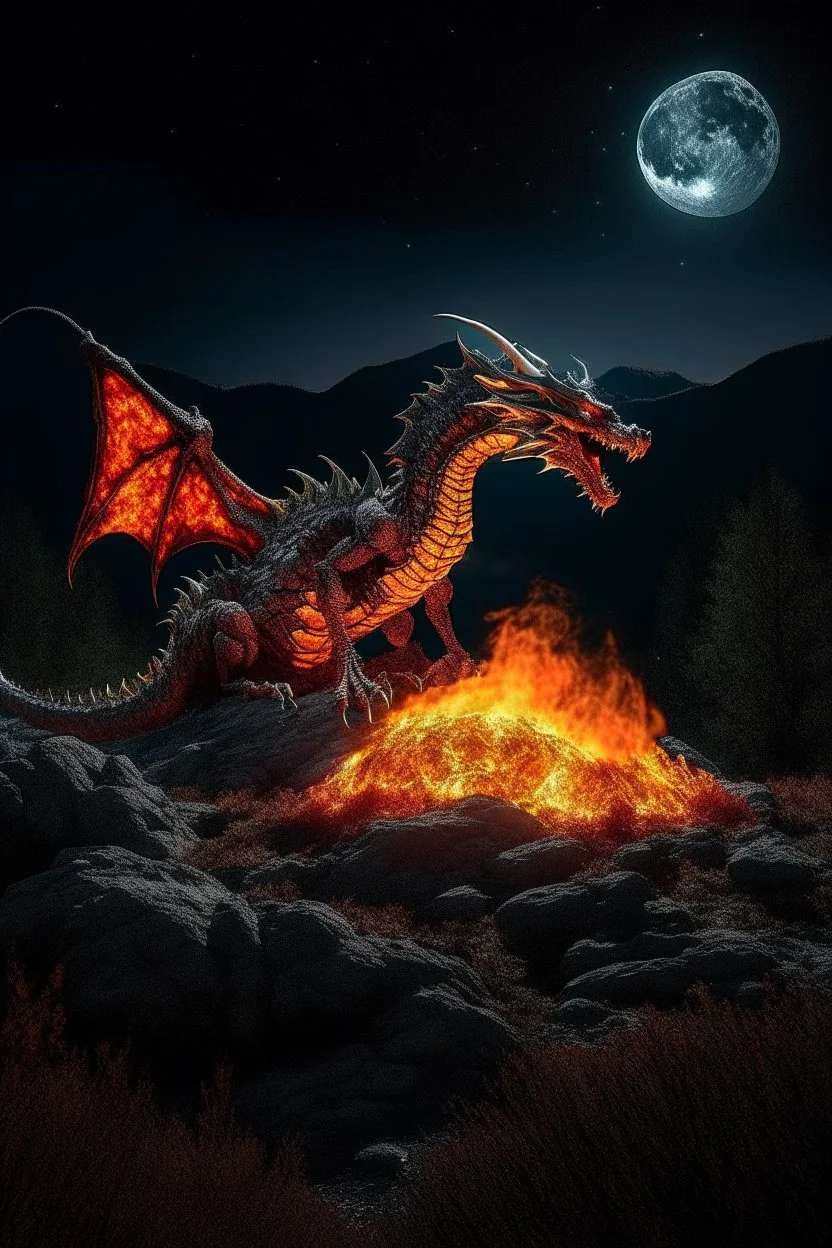 Whole dragon made of fire on a rocky landscpe with a full moon