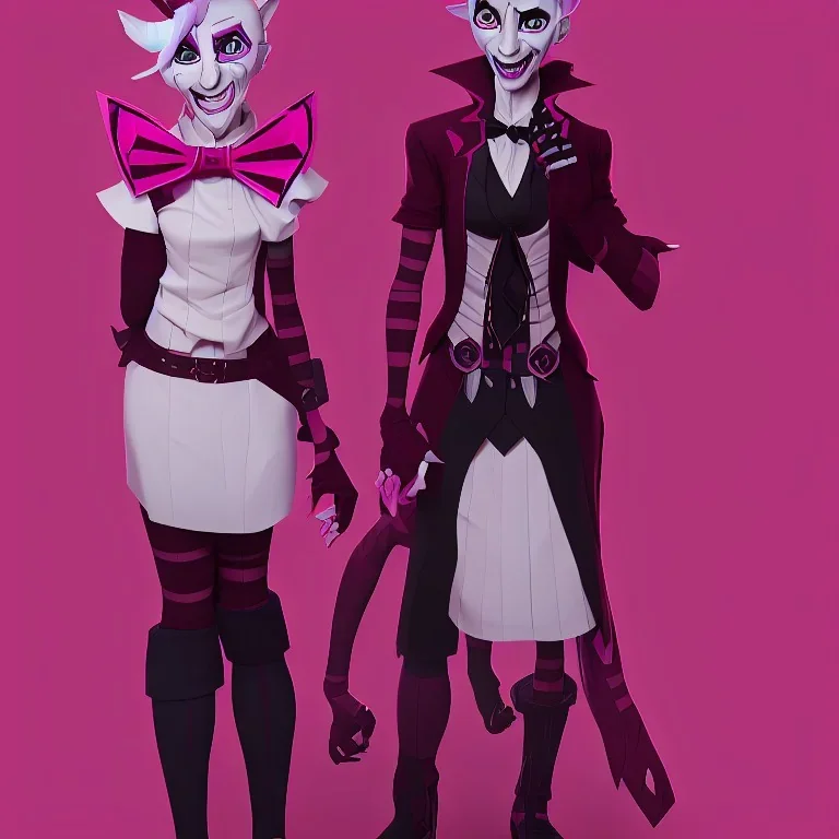 They have a red bow tie, much like Mangle and Bonnie, and long, sharp pink nails, Funtime Foxy has five fingers,They have three black buttons on each of their shins.