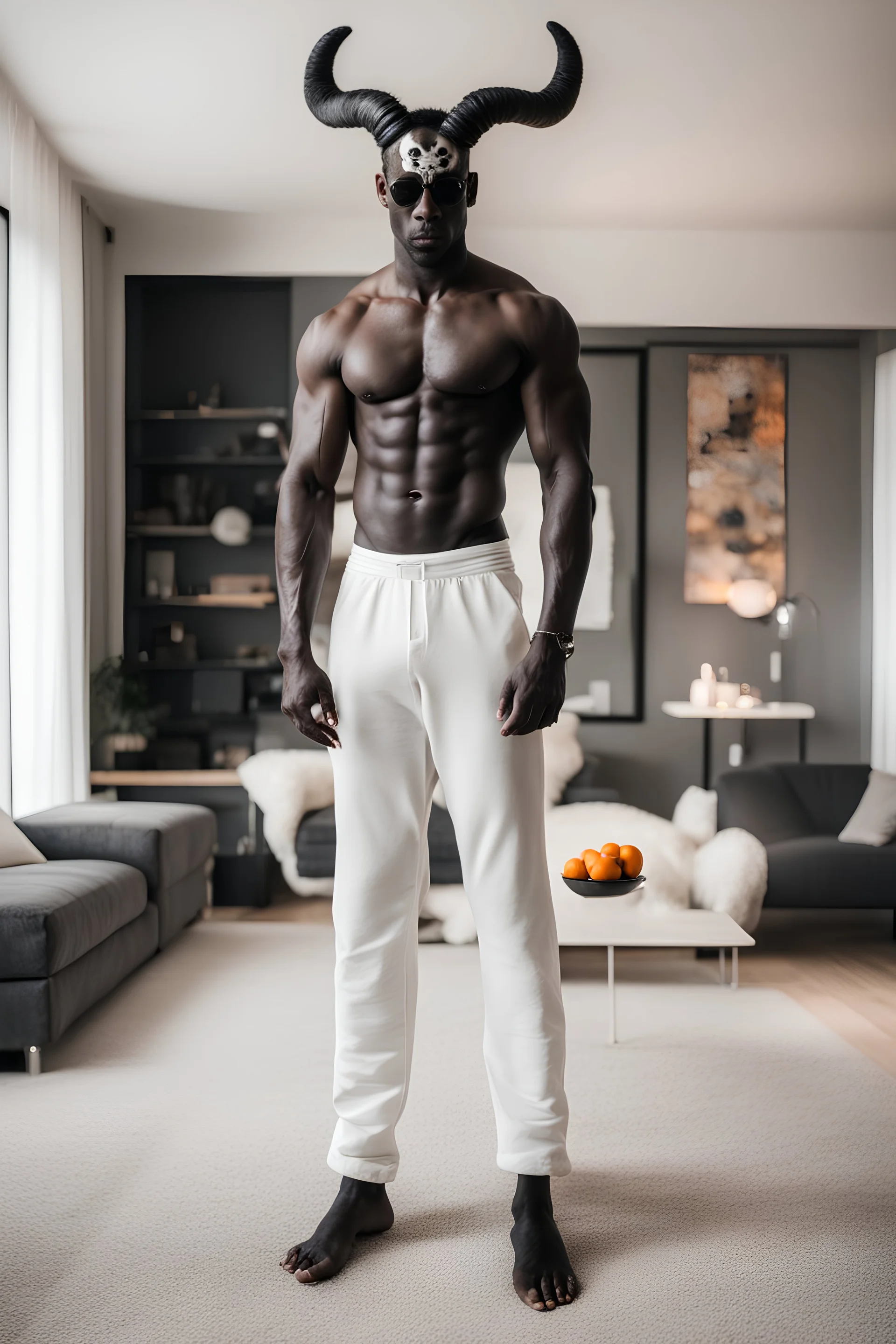 A tall muscular man with a fully black body and a white skull with horns for a head, has small orange dots for eyes and is standing in a cozy yet modern living room wearing only white lounging pants