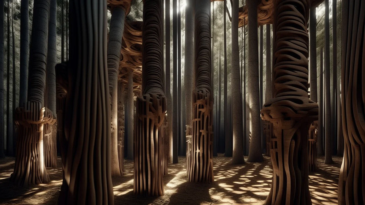 Espacio de contemplación inmersivo dentro de un denso bosque de pinos, formado por una serie de tótems de madera tallada que representan partes del cuerpo humano integradas con la corteza. Los elementos invitan al espectador a tocarlos y caminar entre ellos siguiendo un sendero ritual. Estilo de fotografía artística macro, enfocada en la rugosidad de los materiales naturales y la luz filtrada.