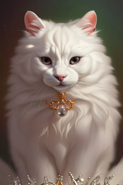 A realistic cute adorable fluffy plushy white smiling cat holding a basket of jewels and gems. His fur is realistic. The background is a romantic carpet bokeh digital painting extremely detailed studio lighting crisp quality and light reflections 8k cinematic lighting portrait photorealistic ultra detailed cinematic postprocessing focused