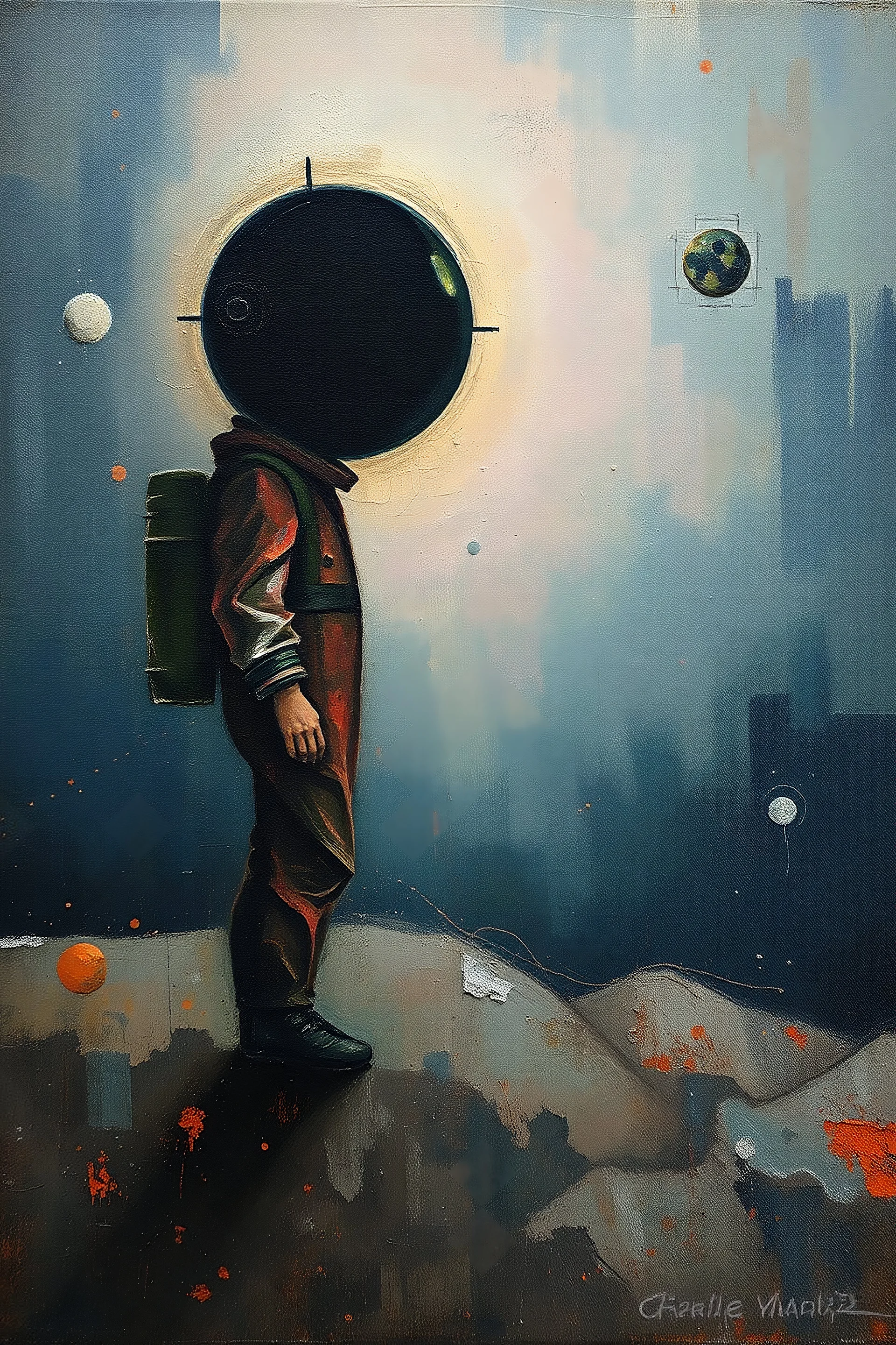 'Cause you and I will be like a couple of cosmonauts Except with way more gravity than when we started off" minimalisric surreal space composition Modifiers: oil on canvas surreal Mixed Media mysterious Impressionism heavy brushstrokes Jamie Heiden Gayane Khachaturian arbitrary colour alteration dmt puff mild exorcism Squeak Carnwath Bif Inc.™