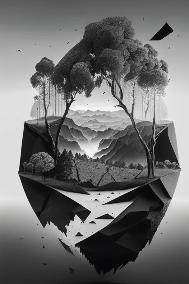 Beautiful landscape with trees, earth opens up and breaks down in black polygons.
