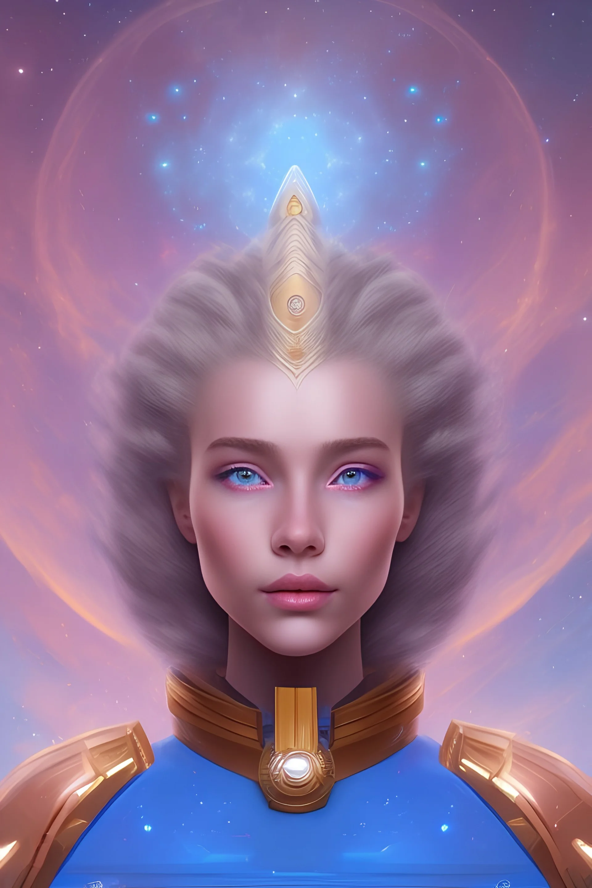 young woman cosmic admiral from the future, one fine whole face, large cosmic forehead, crystalline skin , expressive blue eyes, blue hair, smiling lips, very nice smile, long hair combinaison spatiale pleiadian ,sourire, belles couleurs arc en ciel