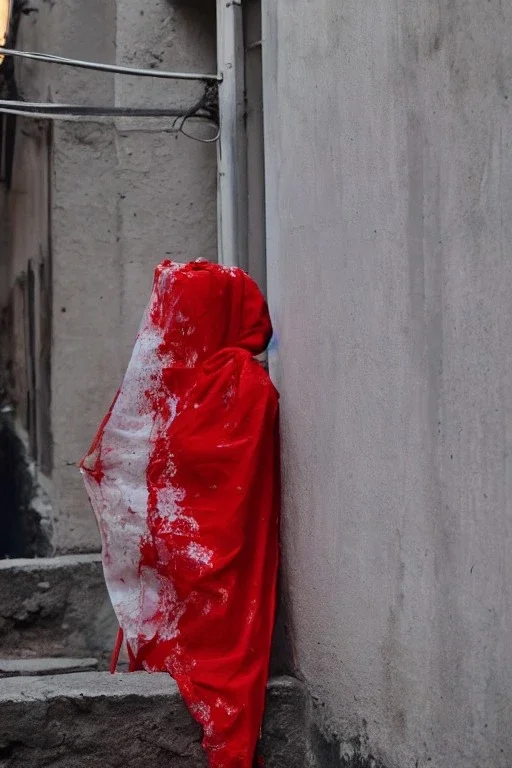 Line drawing, bright red ink on white paper, lady, facing forward, kneeling in an alleyway, bruised face and arms, torn clothing, hands raised in front of face face for protection, partially shrouded in shadows, 8k resolution