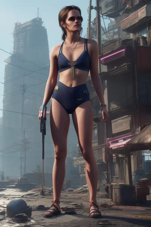 Emma Watson, full-length, in a swimsuit, cyberpunk 2077, photorealistic illustration, 8k