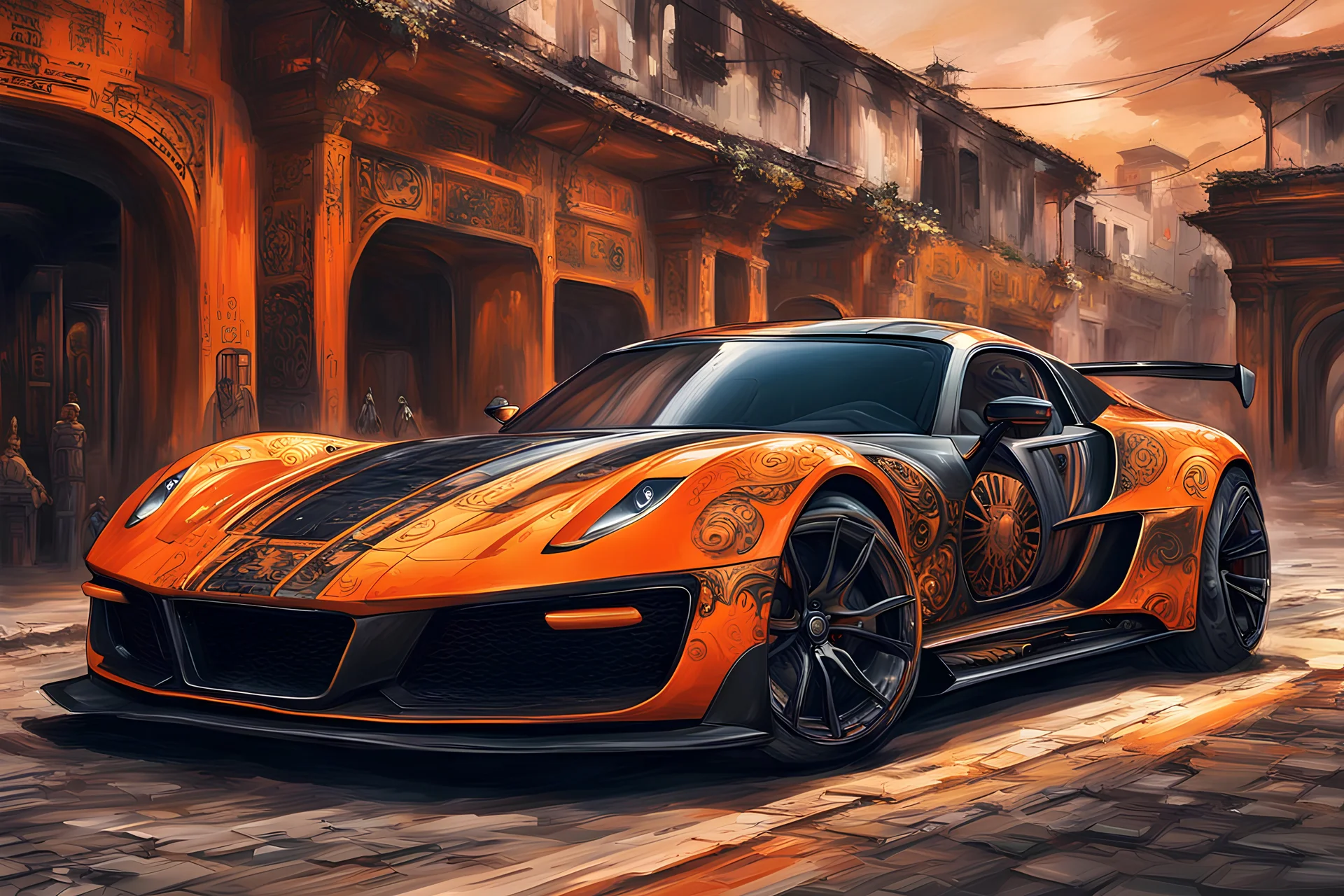 SUPER FUTURISTIC SPORT CAR, orange AND BLACK MATE PAINT AND DETAILS, 3/4 VIEW ANGLE, SHINNING detail of PAINT intricate detailed extremely epic athmospheric costume and ancient roman hyperrealistic background full body portrait art, EPIC STREET BACKGROUND, volks wagen INFLUENCED