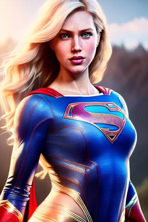 hyper realist, hyper detailed, stunningly beautiful blonde supergirl, athletic realistic body, by greg rutkowski, magali villeneuve, artgerm, wlop, rossdraws, concept art, digital painting