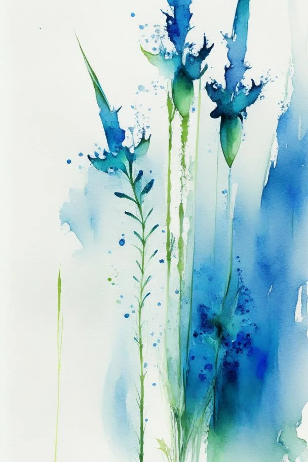 Abstract wet watercolour, blue green stalks delphiniums, centered