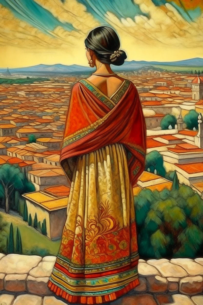 2 mexican woman painting neoclassism standing from the back whole body zoom out looking at a traditional mexican city