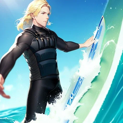 blonde hair anime boy surfing under a wave, make hands look realistic, standing up on a surfboard