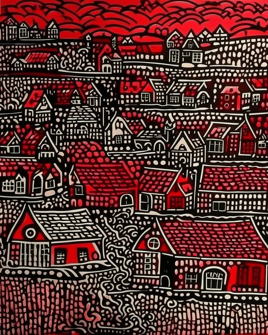 A dark red Transylvanian village near a graveyard painted by Keith Haring
